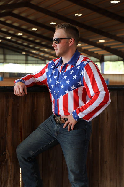AMERICAN FLAG MEN'S PERFORMANCE RODEO SHIRT 2X-LARGE AMERICAN FLAG MEN'S PERFORMANCE RODEO SHIRT 2X-LARGE