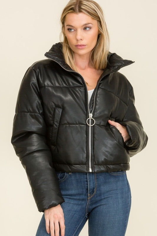 BLACK FAUX LEATHER CROPPED PUFFER JACKET