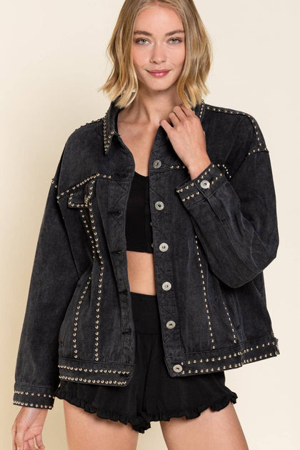 Black studded denim jacket sale