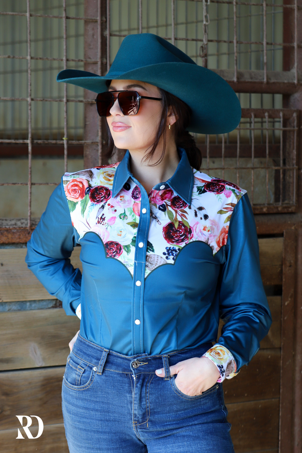 TEAL WILDFLOWER PERFORMANCE RODEO SHIRT (ADULT)