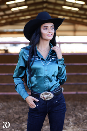 TEJAS TEAL SATIN PERFORMANCE RODEO SHIRT