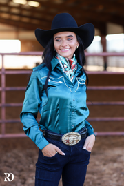 TEJAS TEAL SATIN PERFORMANCE RODEO SHIRT