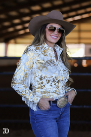 GOLD GILDED VELVET WITH FRINGE PERFORMANCE RODEO SHIRT