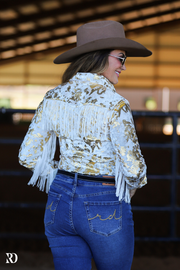 GOLD GILDED VELVET WITH FRINGE PERFORMANCE RODEO SHIRT