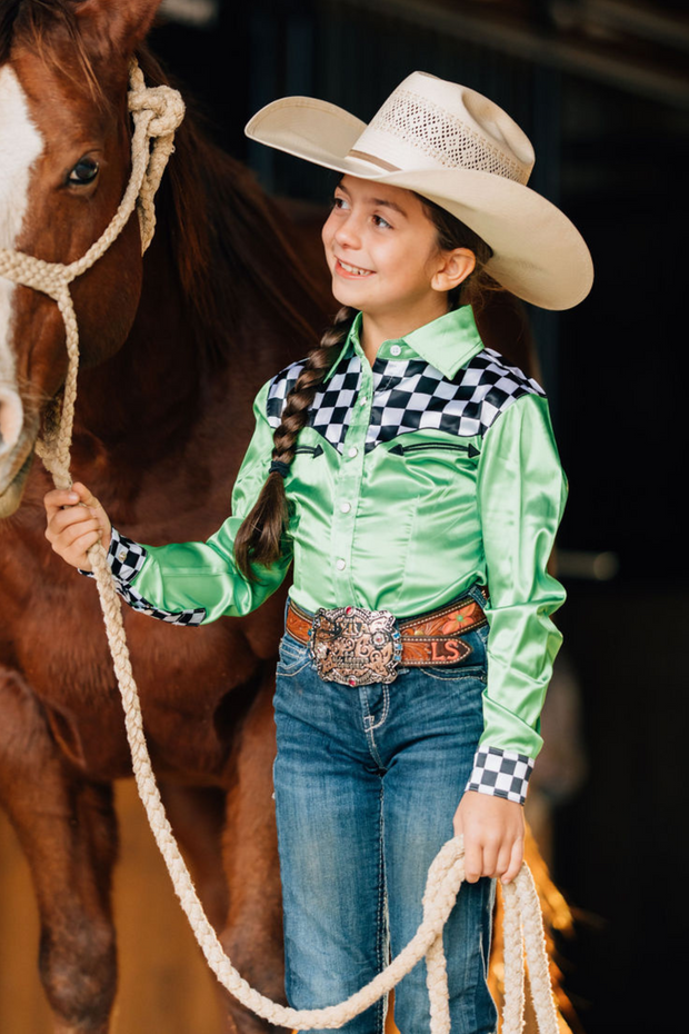 *YOUTH* LIME FINISH LINE SATIN PERFORMANCE RODEO SHIRT