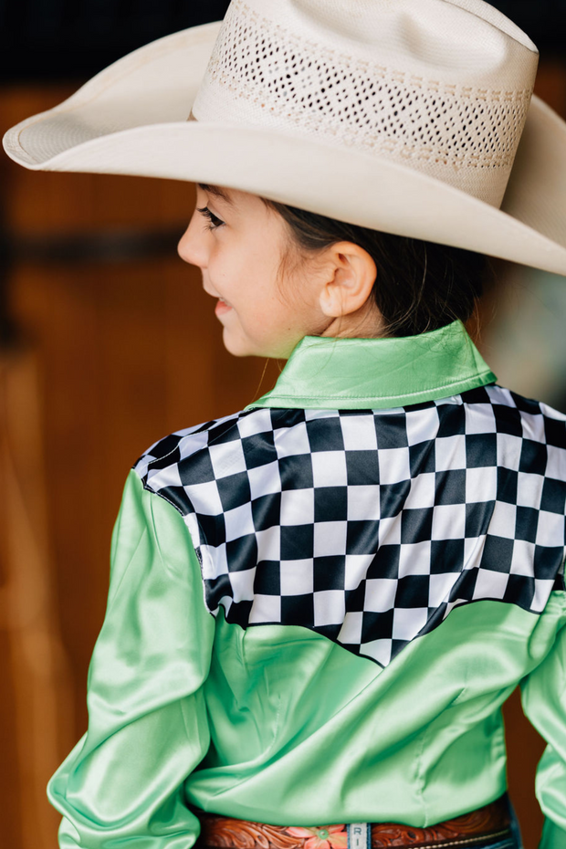 *YOUTH* LIME FINISH LINE SATIN PERFORMANCE RODEO SHIRT