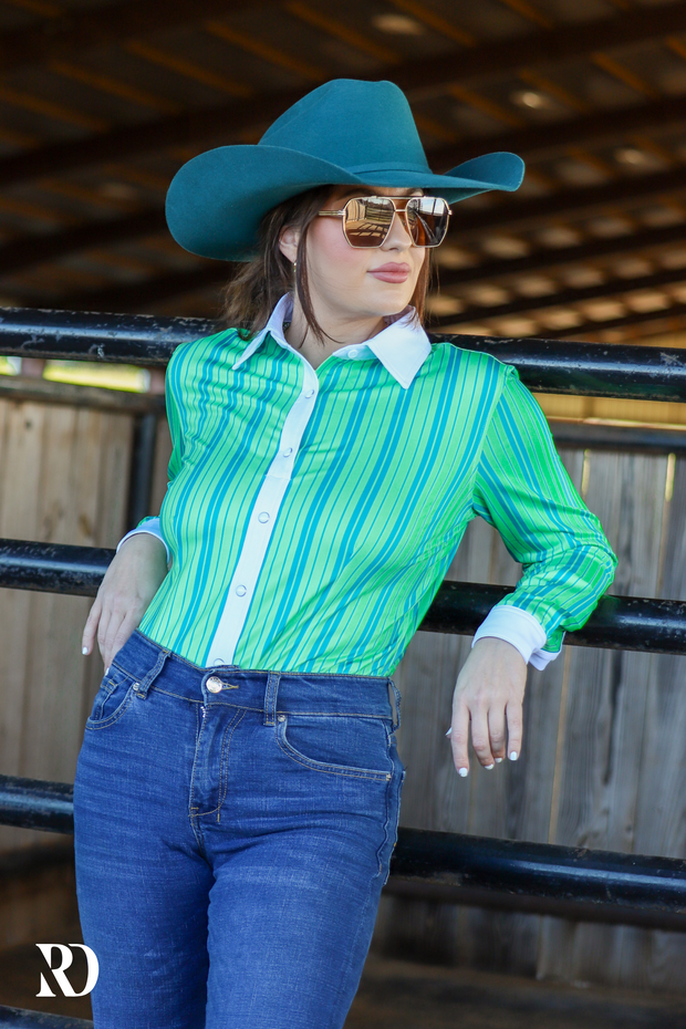 LIME AND TEAL PIN STRIPE PERFORMANCE RODEO SHIRT (ADULT)