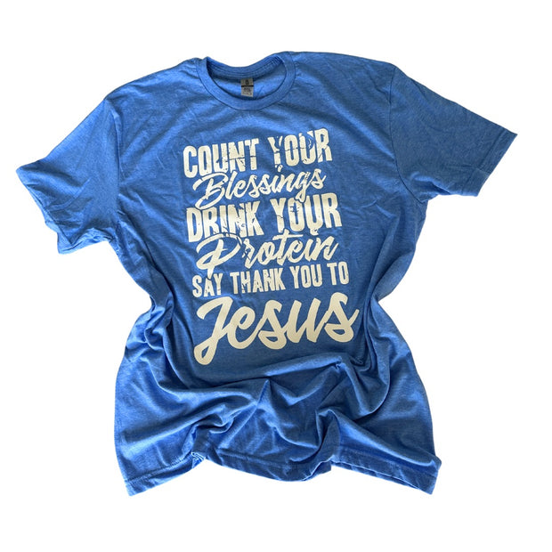 COUNT YOUR BLESSINGS HEATHER BLUE TEE