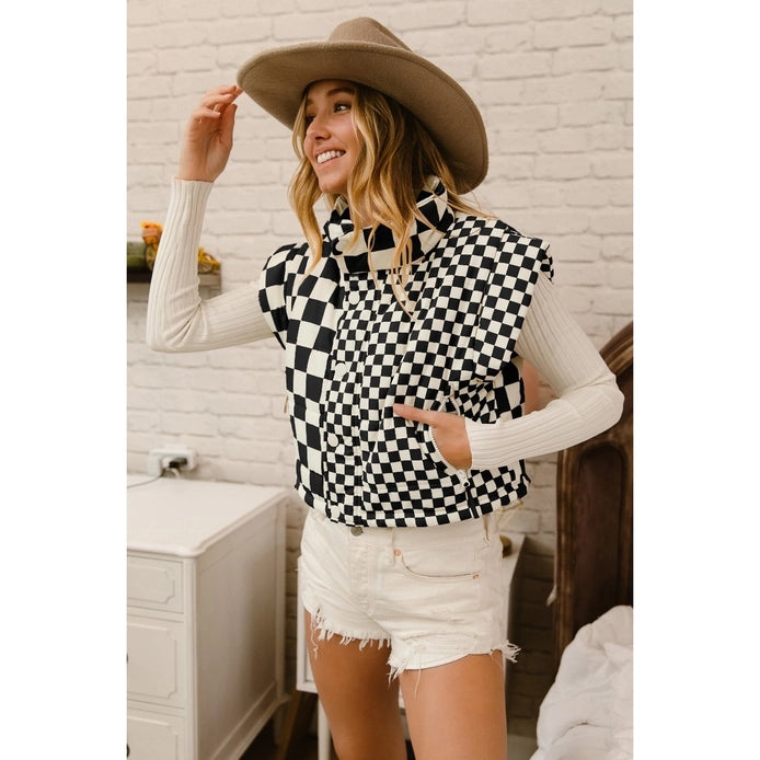 トップス Check Pattern Design Fur Western Vest BLACK & WHITE CHECKERED PUFFER | VEST – Ranch Dress'n