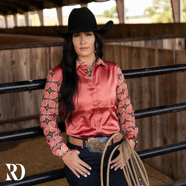 PECOS PEACH SATIN MESH PERFORMANCE RODEO SHIRT