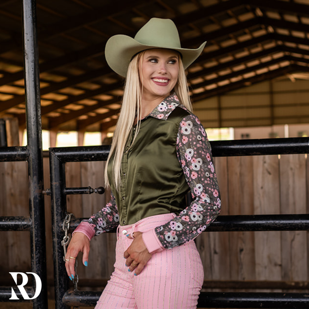 POPPY SAGE SATIN MESH PERFORMANCE RODEO SHIRT