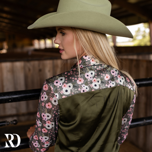 POPPY SAGE SATIN MESH PERFORMANCE RODEO SHIRT