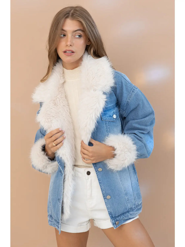 FUR COLLARD CUFF OVERSIZED DENIM | JACKET