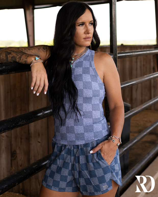 RIBBED ALL-IN-ONE TANK | DENIM CHECKERED
