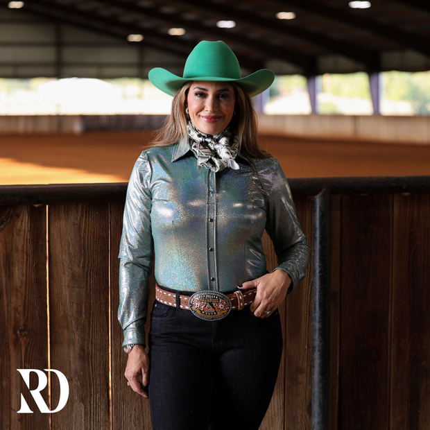 DUSTY TEAL SPARKLE PERFORMANCE RODEO SHIRT