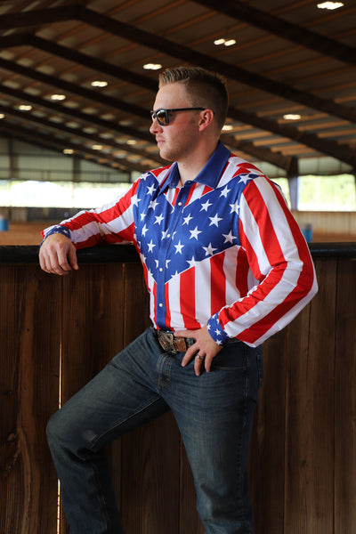 AMERICAN FLAG MEN'S PERFORMANCE RODEO SHIRT 2X-LARGE