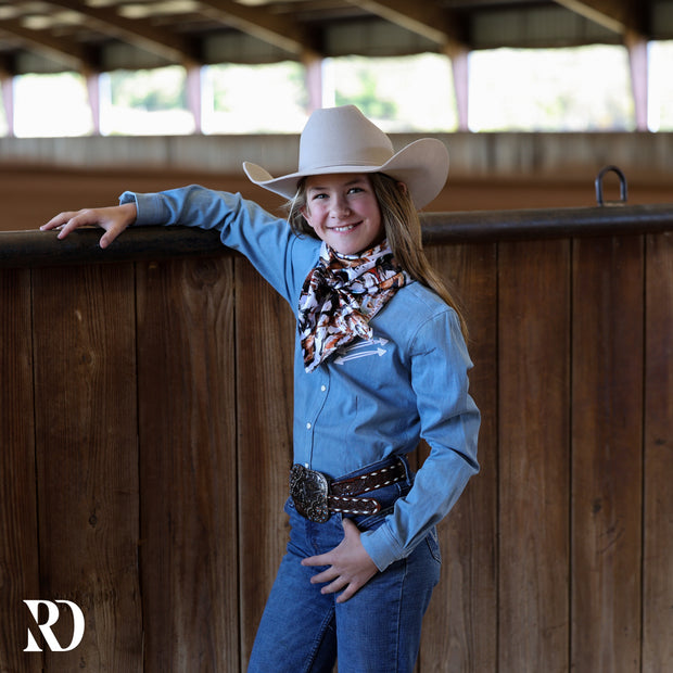 *YOUTH* LIGHT WASH STRETCH DENIM STITCHED PERFORMANCE RODEO SHIRT