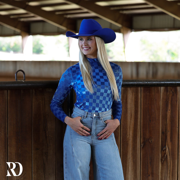BLUE CHECKERED VELVET BURNOUT LAYERING TOP
