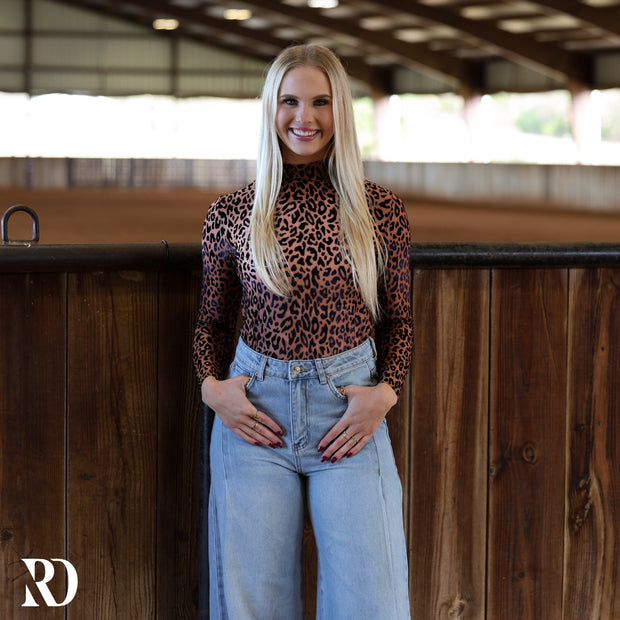 LEOPARD VELVET BURNOUT MOCK NECK TOP