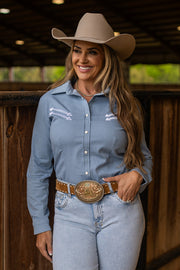 LIGHT WASH STRETCH DENIM STITCHED PERFORMANCE RODEO SHIRT