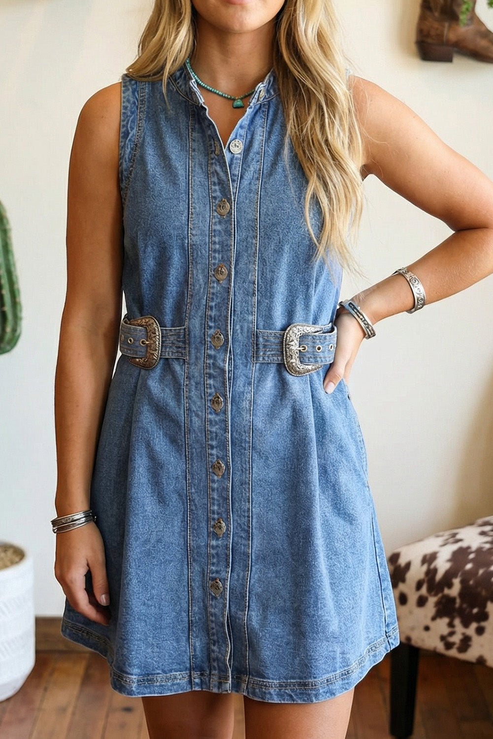 belted denim dress LORETTA BELTED DENIM