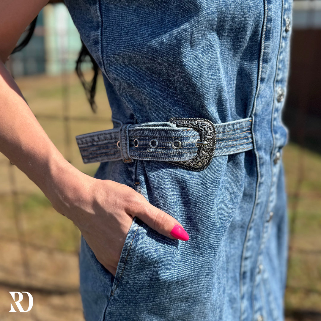 denim dress belt Women's I'm All In Dark Wash Tie-Belt Midi | Size: S Turn heads in this effortlessly chic denim dress that combines classic style with modern edge AKOEE Sleeveless Denim Dress Women