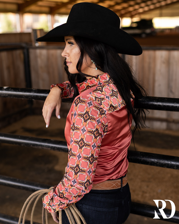 PECOS PEACH SATIN MESH PERFORMANCE RODEO SHIRT