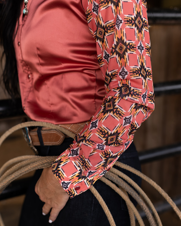 PECOS PEACH SATIN MESH PERFORMANCE RODEO SHIRT