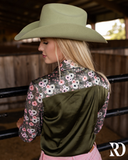 POPPY SAGE SATIN MESH PERFORMANCE RODEO SHIRT