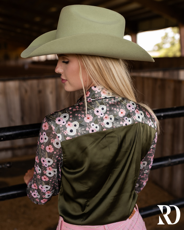 POPPY SAGE SATIN MESH PERFORMANCE RODEO SHIRT