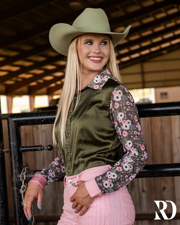 POPPY SAGE SATIN MESH PERFORMANCE RODEO SHIRT