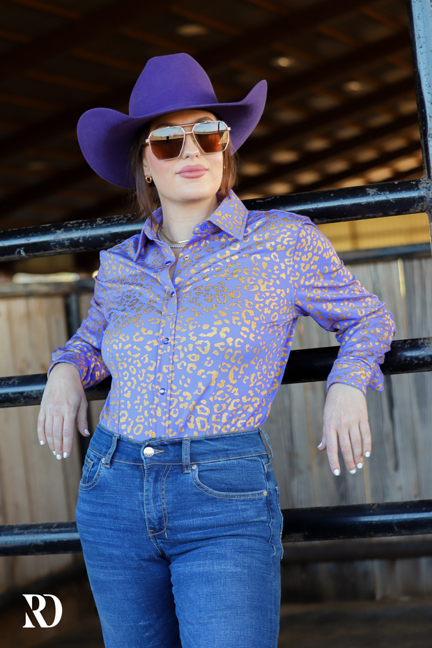 PURPLE LEOPARD (GOLD) PERFORMANCE RODEO SHIRT