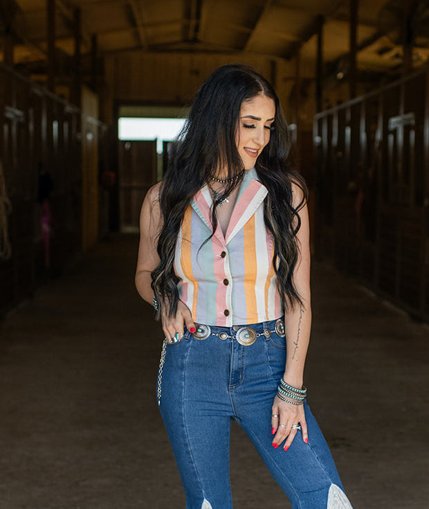 TESS DENIM STRIPED HALTER | TOP