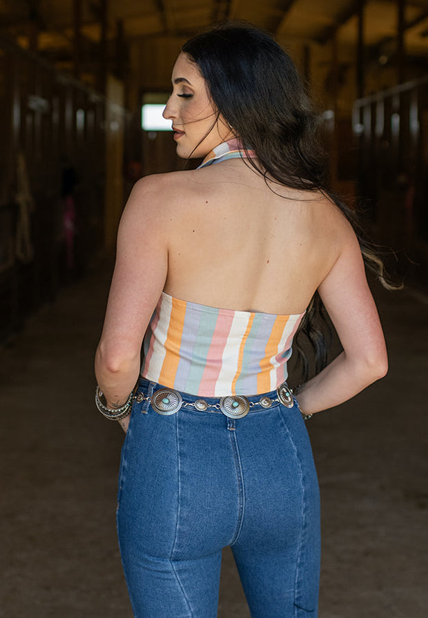 TESS DENIM STRIPED HALTER | TOP