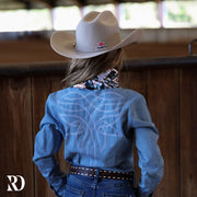 *YOUTH* LIGHT WASH STRETCH DENIM STITCHED PERFORMANCE RODEO SHIRT