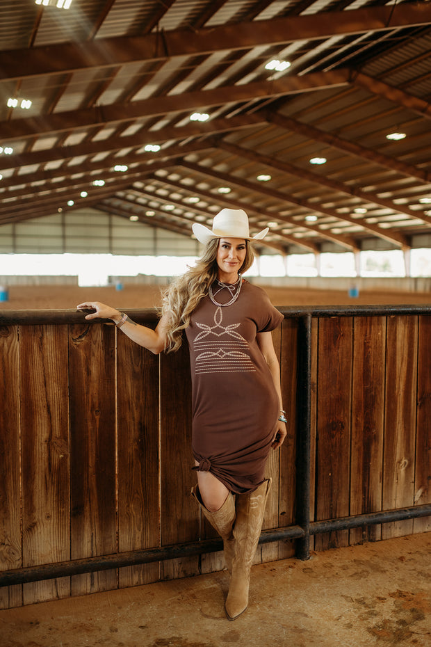 BROWN BOOT STITCH MAXI SHIRT DRESS