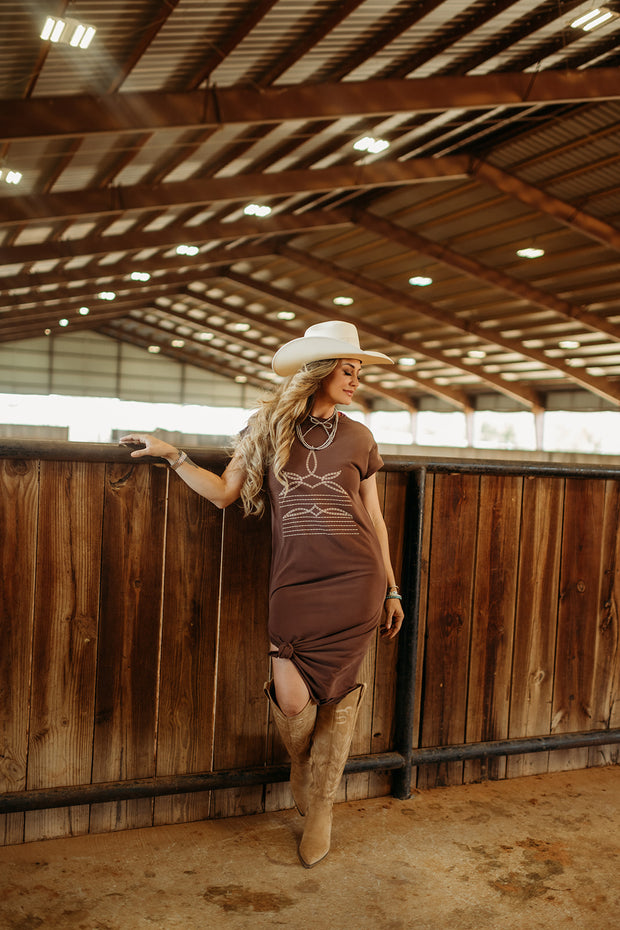 BROWN BOOT STITCH MAXI SHIRT DRESS