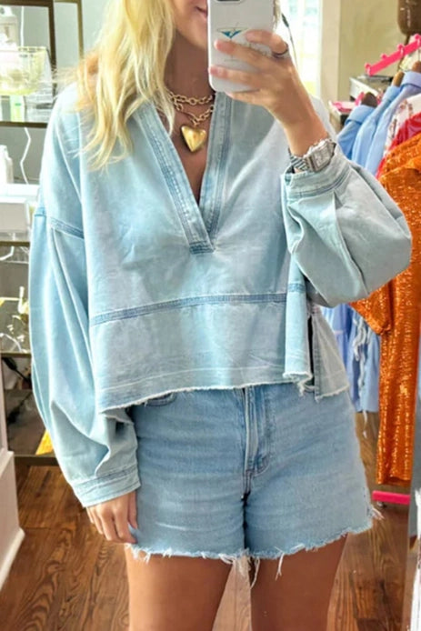 DENIM LIGHT WASH RAW HEM TOP