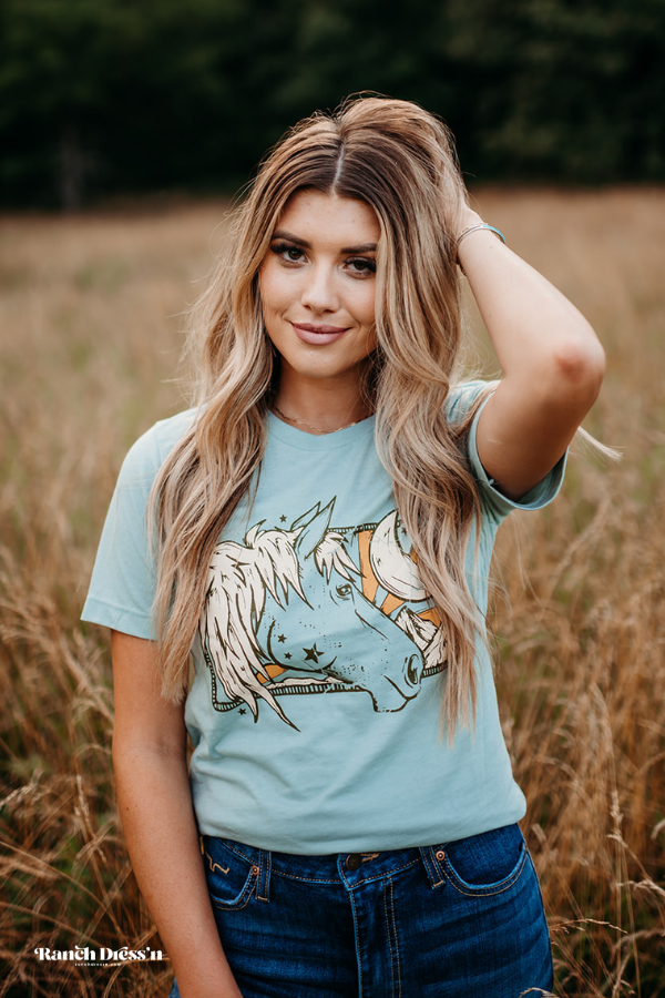 WILD WEST HORSE - HEATHER DUSTY BLUE TEE