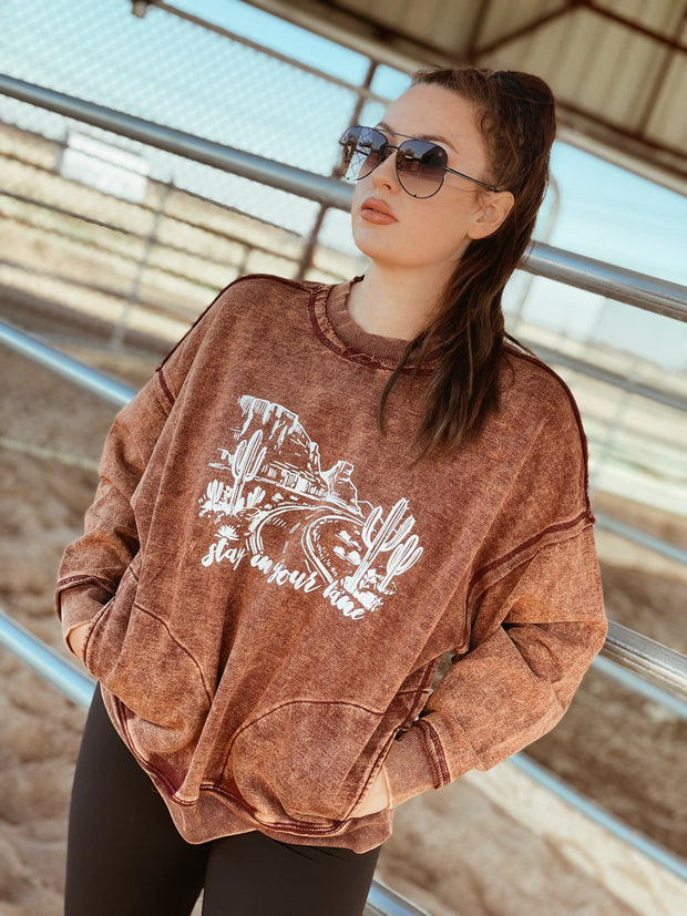 STAY IN YOUR LANE RUST MINERAL WASHED TERRY PULLOVER