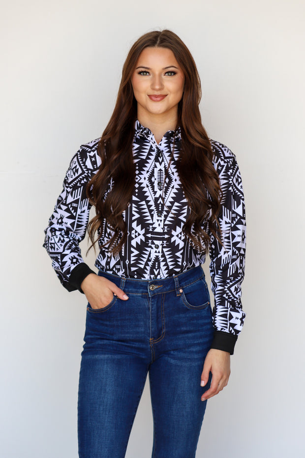 BLACK AND WHITE AZTEC PERFORMANCE RODEO SHIRT (ADULT)