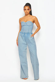 DENIM BUSTIER TOP AND JEANS